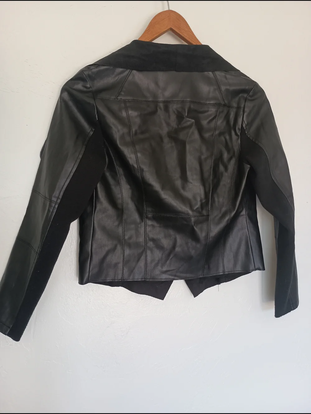 bagatelle Black Faux Leather Draped Jacket with Suede Shawl Collar
